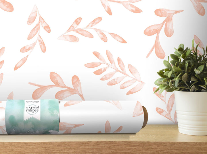 Floating Peach Watercolor Leaves Removable Wallpaper, Wall Art, Peel and Stick Wallpaper, Wall Decor, Accent Wall, Nursery, Bathroom, MW2023