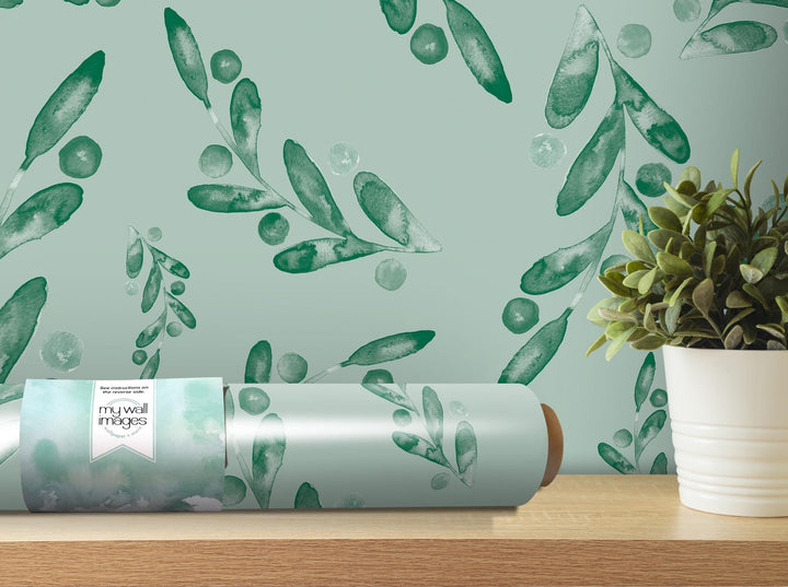 Green Sage Watercolor Dancing Leaves Removable Wallpaper, Wall Art, Peel and Stick Wallpaper, Wall Decor, Accent Wall, Modern Decor, MW2009