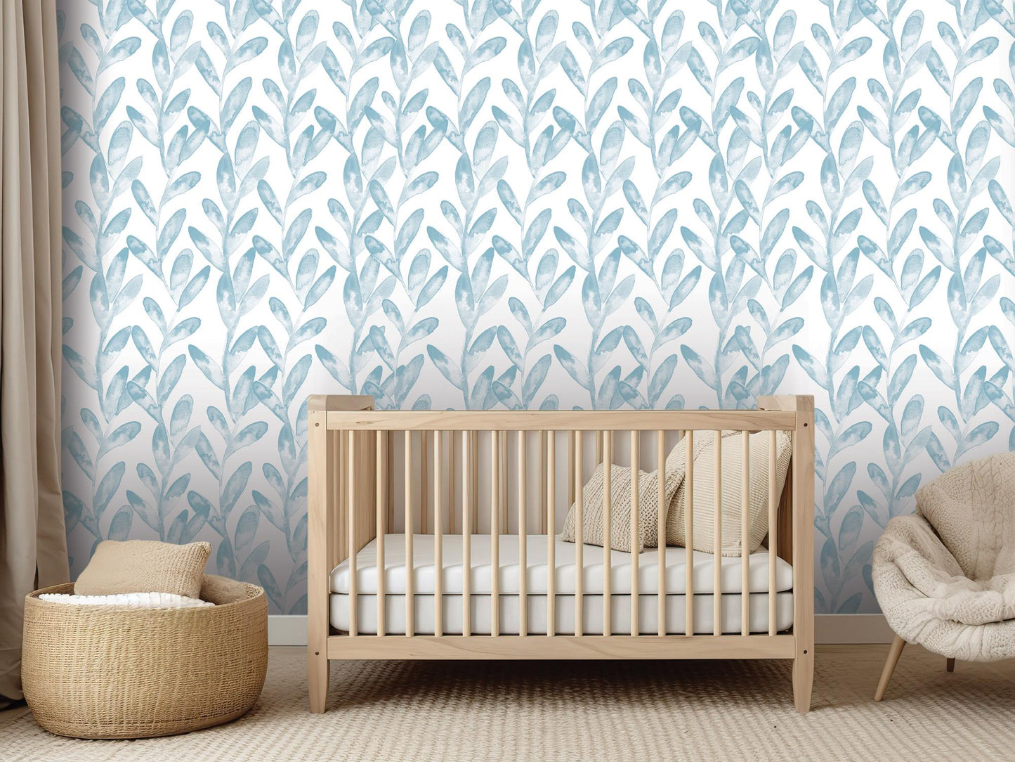 Dreamy Soft Blue Watercolor Vines Removable Wallpaper, Wall Art, Peel and Stick Wallpaper, Wall Decor, Nursery, Bathroom, Bedroom, MW2016