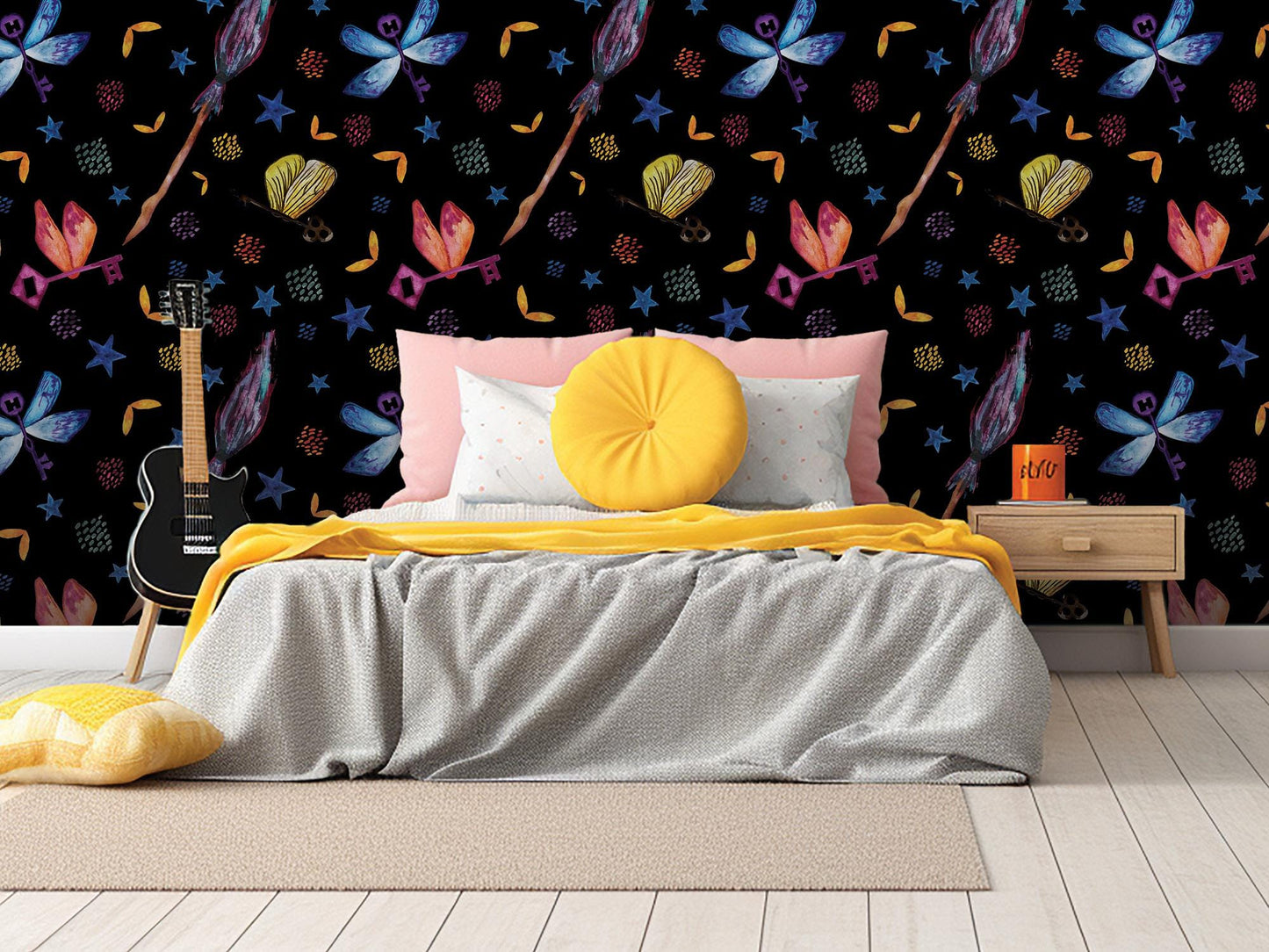 Enchanted Potter Flying Keys Black Removable Wallpaper, Wall Art, Peel and Stick Wallpaper, Wall Decor, Harry Pottery, Kids Room, Art MW2040
