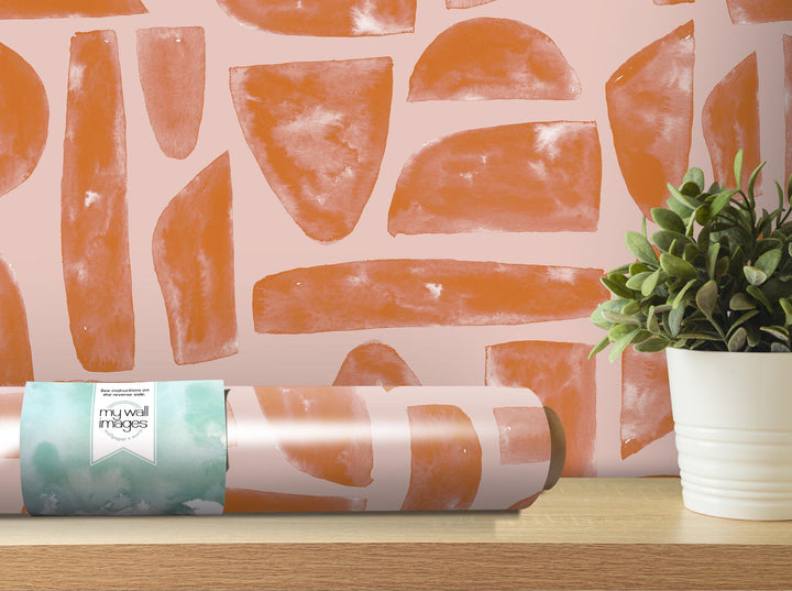 Boho Brick Peach Mosaic Stones Removable Wallpaper, Wall Art, Peel and Stick Wallpaper, Wall Decor, Accent Wall, Watercolor, Modern, MW2028