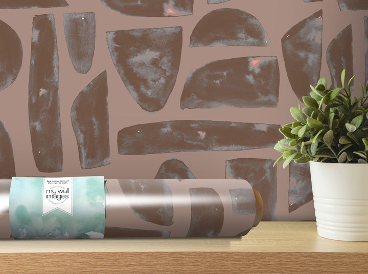 Boho Stone Brown Mosaic Stones Removable Wallpaper, Wall Art, Peel and Stick Wallpaper, Wall Decor, Accent Wall, Watercolor, Modern, MW2029