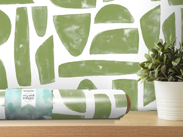 Boho Sage Green Mosaic Stones Removable Wallpaper, Wall Art, Peel and Stick Wallpaper, Wall Decor, Accent Wall, Watercolor, Modern, MW2037