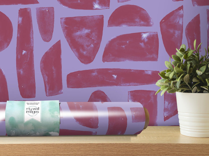 Boho Lavender Wine Mosaic Stones Removable Wallpaper, Wall Art, Peel and Stick Wallpaper, Wall Decor, Accent Wall, Watercolor, Mod, MW2025