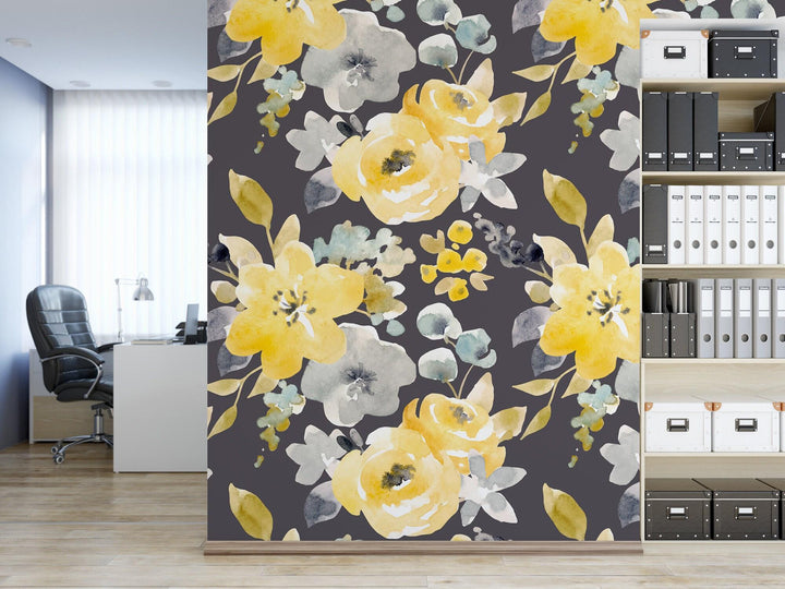 Watercolor Gray & Yellow Floral Wallpaper MW1042