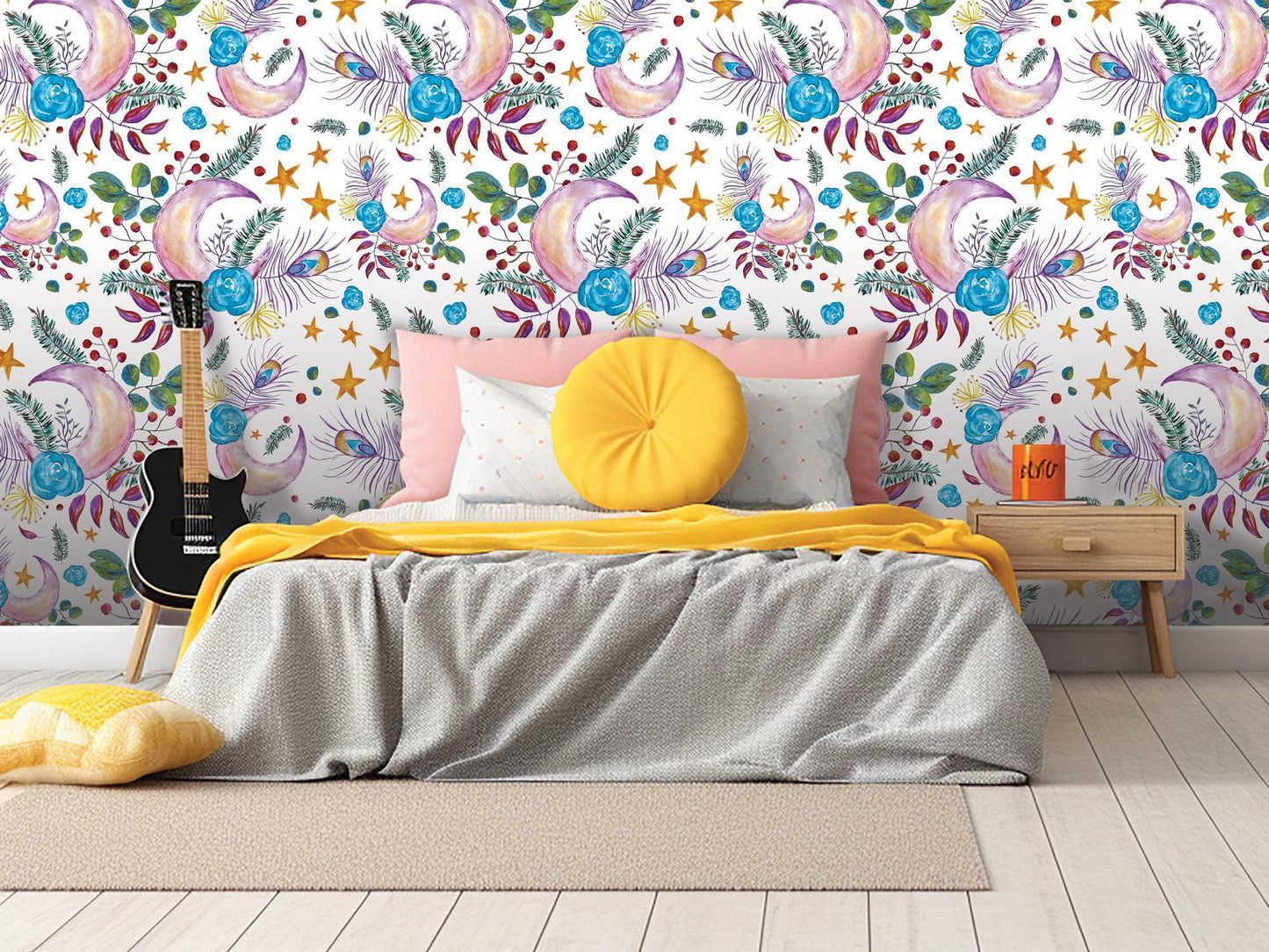 Floral Moon Boho on White Removable Wallpaper, Wall Art, Peel and Stick Wallpaper, Wall Decor, Accent Wall, Bedroom Decor, Nursery, MW1995