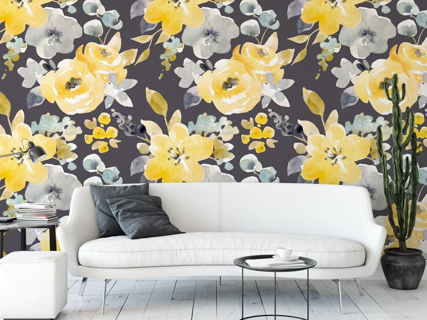 Watercolor Gray & Yellow Floral Wallpaper MW1042