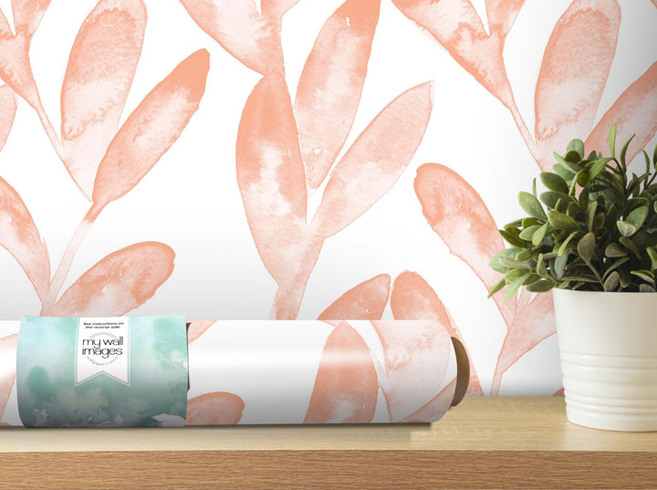 Dreamy Peach Coral Watercolor Vines Removable Wallpaper, Wall Art, Peel and Stick Wallpaper, Wall Decor, Nursery, Bathroom, Bedroom, MW2015