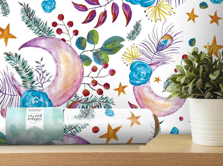 a vase with a plant next to a wallpaper