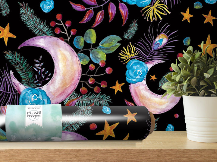 a painting of a crescent and stars on a black background