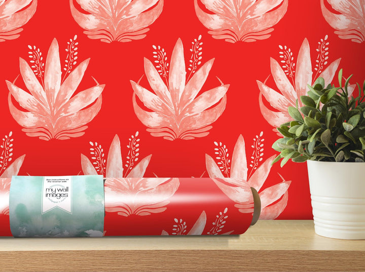 Watercolor Fleur Motif Bright Red Removable Wallpaper, Wall Art, Peel and Stick Wallpaper, Wall Decor, Accent Wall, Teen Room, Trendy MW1988