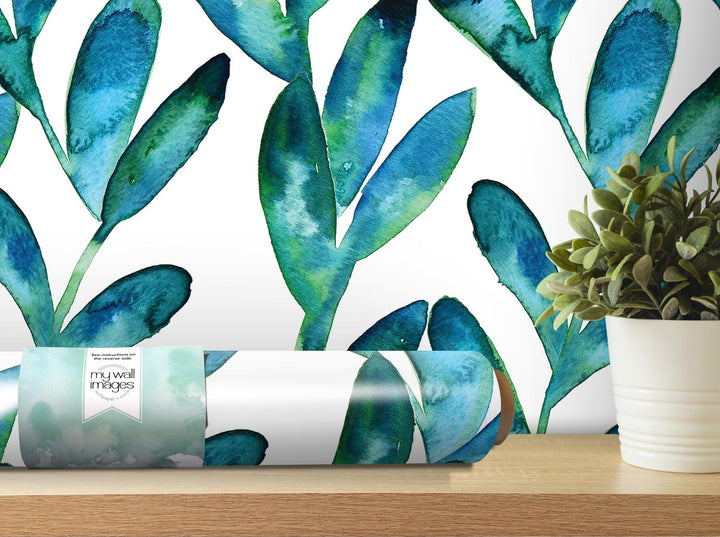 Dreamy Blue Green Watercolor Vines Removable Wallpaper, Wall Art, Peel and Stick Wallpaper, Wall Decor, Accent Wall, Original Decor, MW2013