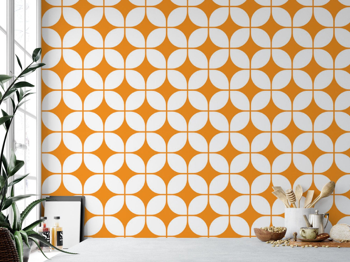 Orange & White 60's Geometric Wallpaper MW1305