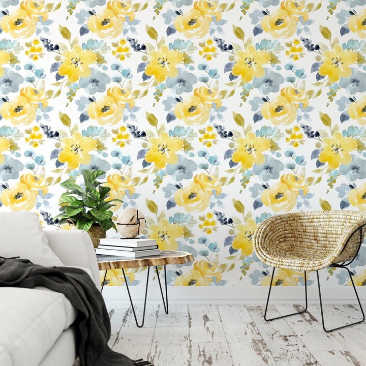Watercolor Yellow Floral Wallpaper MW1041sm