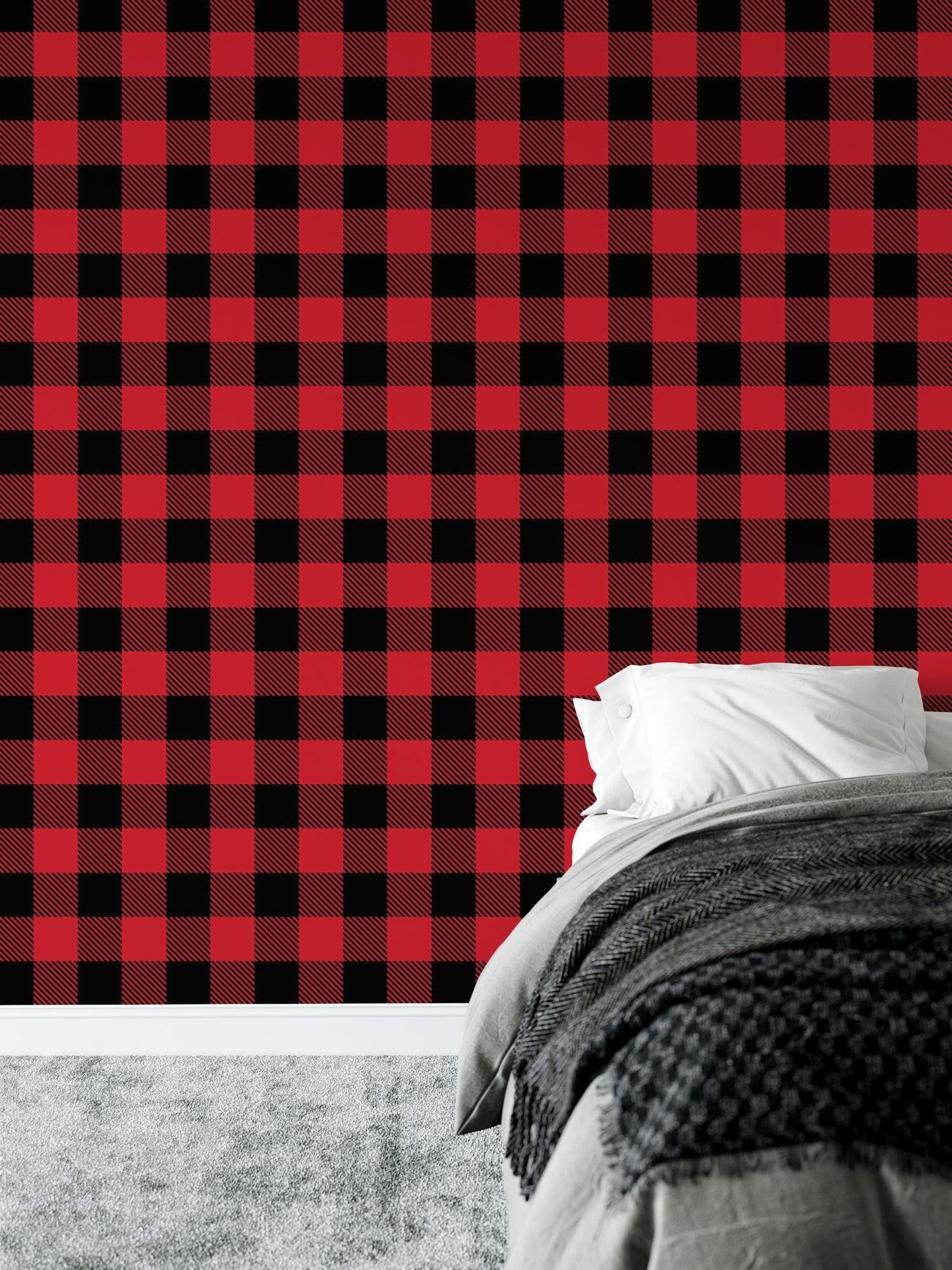 a bedroom with a red and black checkered wall