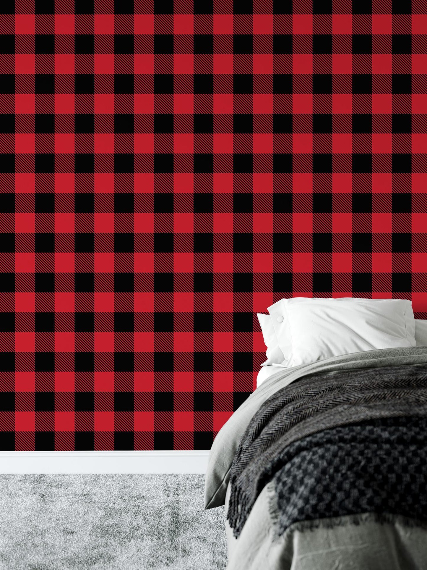 a bedroom with a red and black checkered wall
