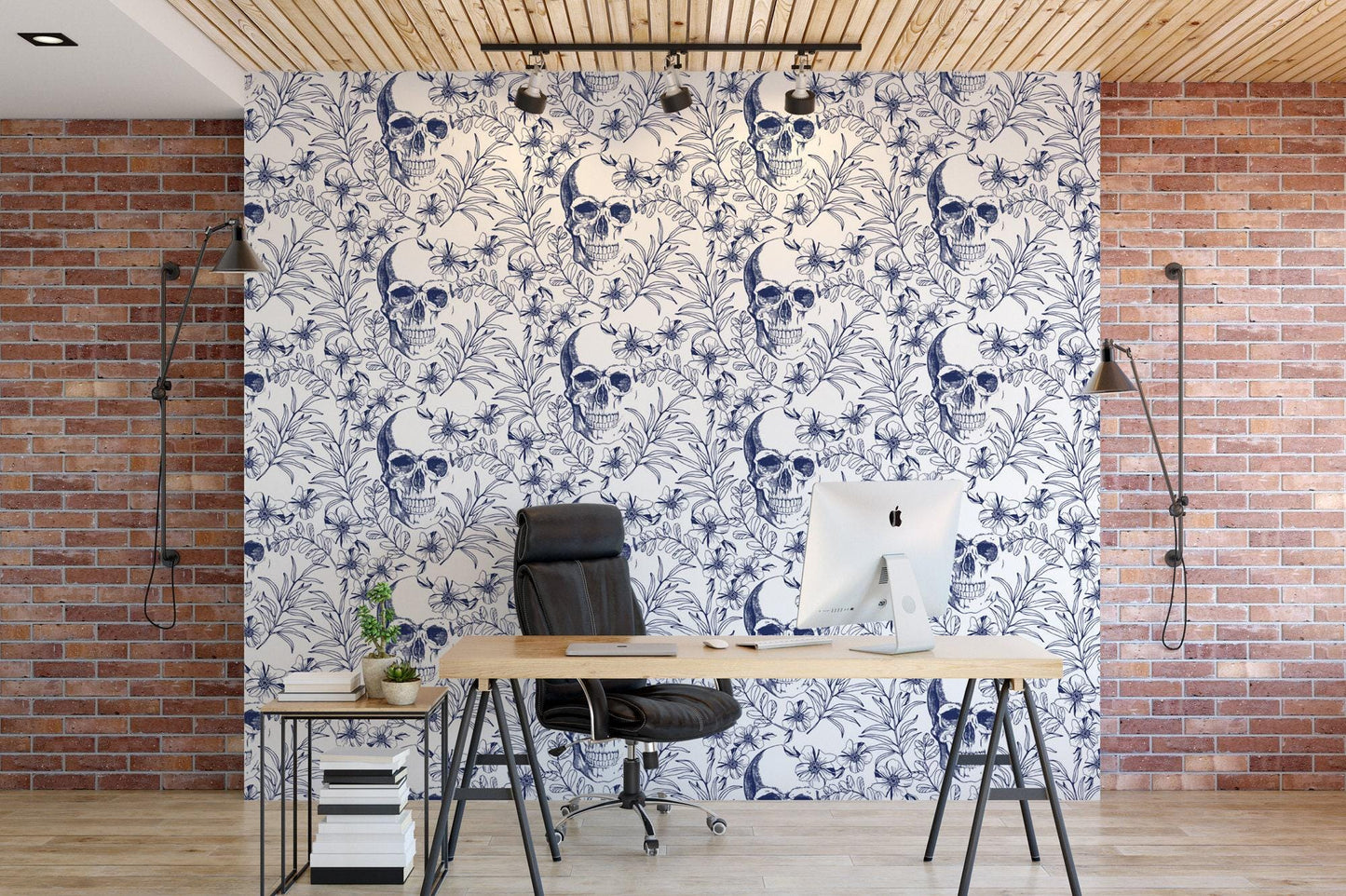 Skulls and Blue Floral Wallpaper MW1499