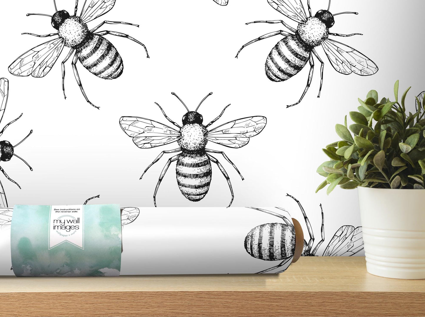 a bunch of bees on a wall next to a potted plant