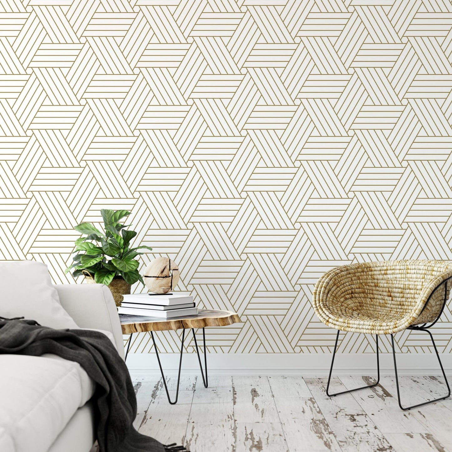 Delicate Gold Lines on White Wallpaper MW1360