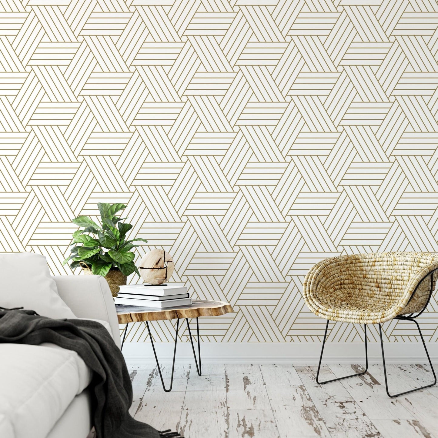 Delicate Gold Lines on White Wallpaper MW1360