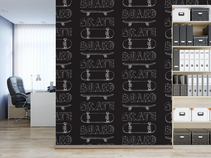 a black and white wallpaper with a skateboard pattern