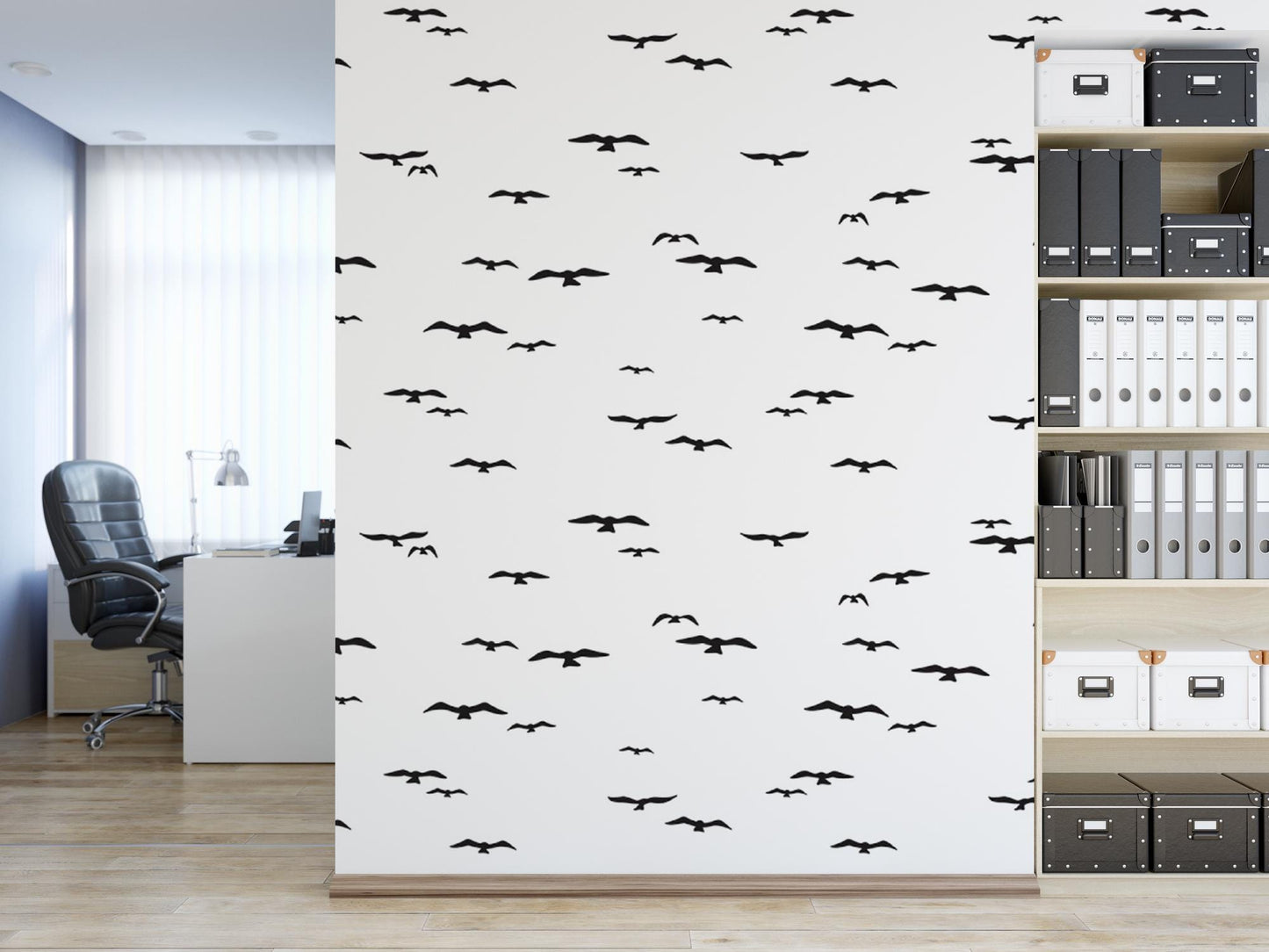 a wall with a flock of birds on it