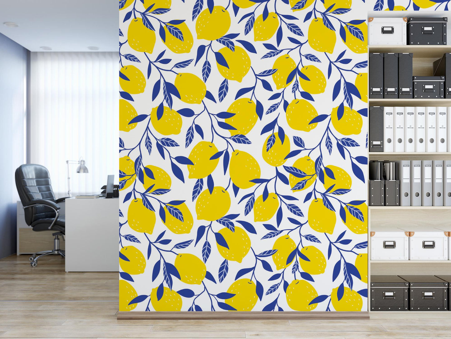 a yellow and blue wallpaper with lemons on it