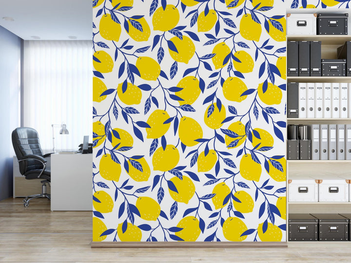 a yellow and blue wallpaper with lemons on it