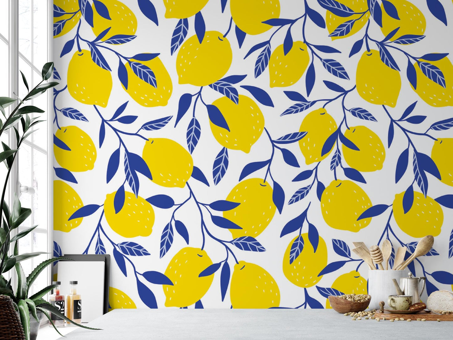 a yellow and blue wallpaper with lemons on it