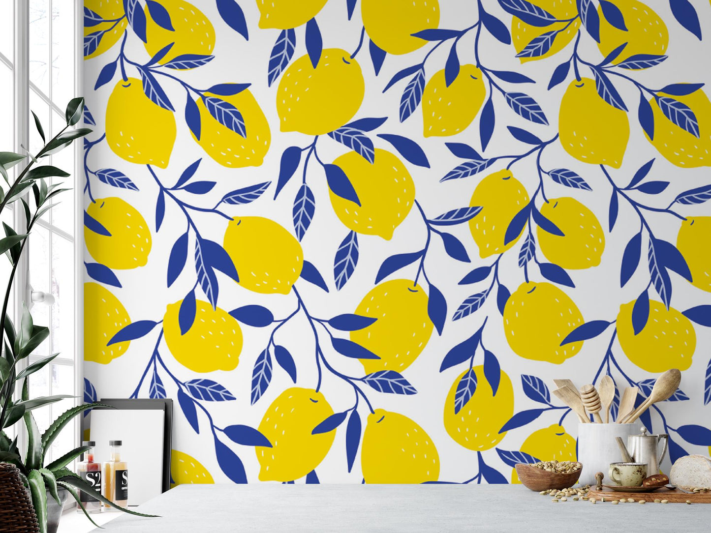 a yellow and blue wallpaper with lemons on it