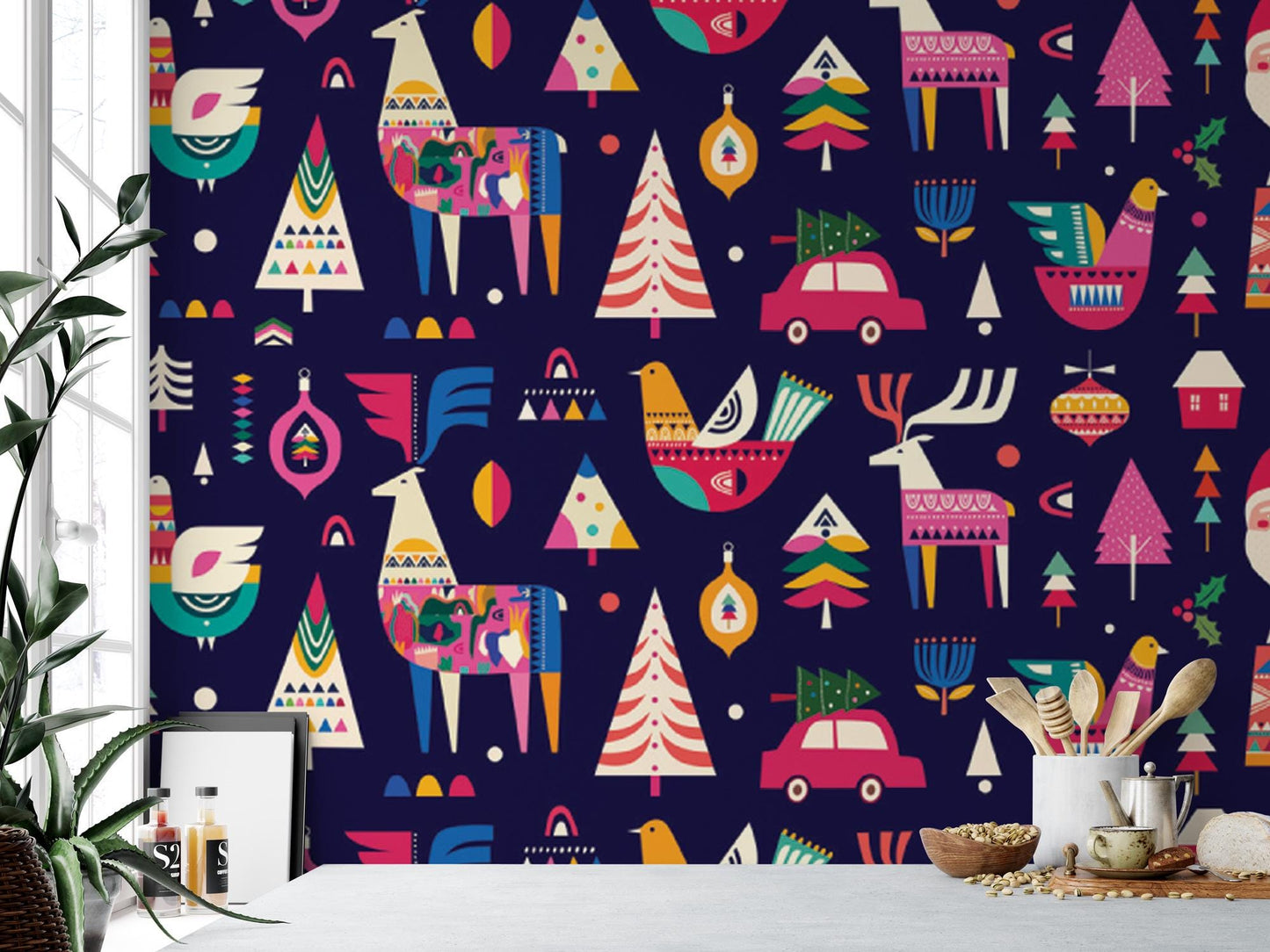 Modern Scandinavian Christmas Folk Style, Removable Wallpaper, Wall Art, Peel and Stick Wallpaper, Accent Wall, Holiday Wallpaper, MW1677
