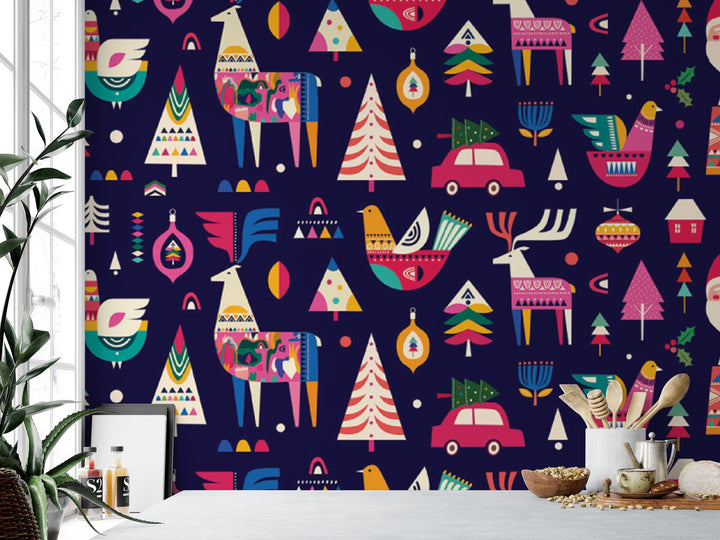 Modern Scandinavian Christmas Folk Style, Removable Wallpaper, Wall Art, Peel and Stick Wallpaper, Accent Wall, Holiday Wallpaper, MW1677