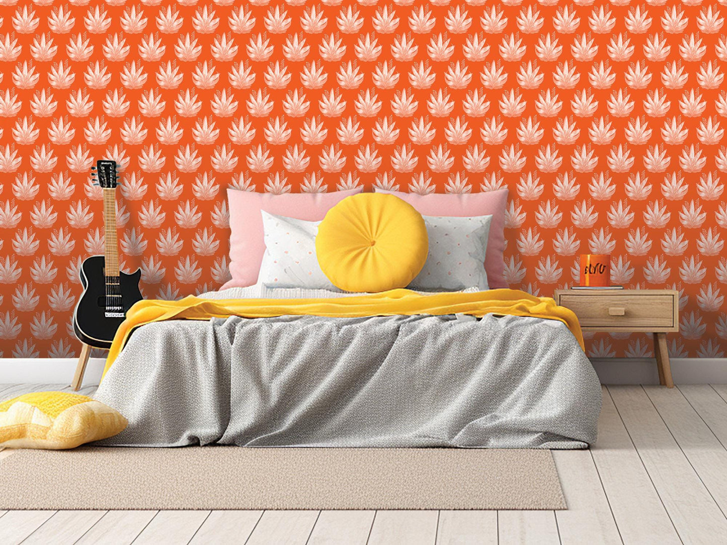 Watercolor Fleur Orange Removable Wallpaper, Wall Art, Peel and Stick Wallpaper, Wall Decor, Accent Wall, Teen Room, Trendy Teen, MW1986