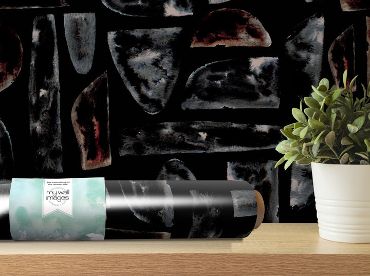 Boho Cave Gray Mosaic Stones Removable Wallpaper, Wall Art, Peel and Stick Wallpaper, Wall Decor, Accent Wall, Watercolor, Modern, MW2031