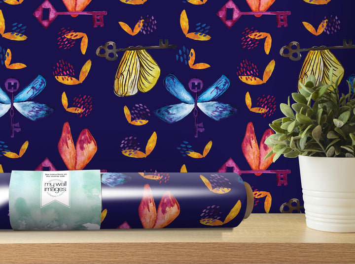 Colorful Potter Flying Keys Purple Removable Wallpaper, Wall Art, Peel and Stick Wallpaper, Wall Decor, Harry Pottery, Kids Room, Art MW2045