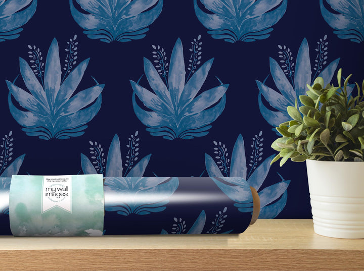 Watercolor Fleur Dark Blues Removable Wallpaper, Wall Art, Peel and Stick Wallpaper, Wall Decor, Accent Wall, Teen Room, Trendy Teen, MW1980