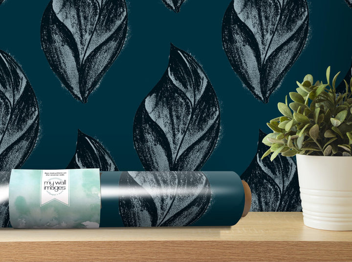 Weathered Midnight Artsy Leaves Removable Wallpaper, Wall Art, Peel and Stick Wallpaper, Wall Decor, Accent Wall, Bathroom Decor, MW2078