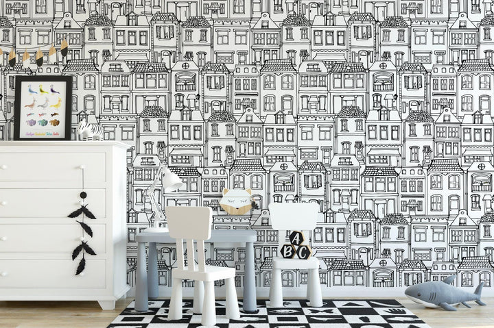 Modern Black and White House Sketches Wallpaper MW1472