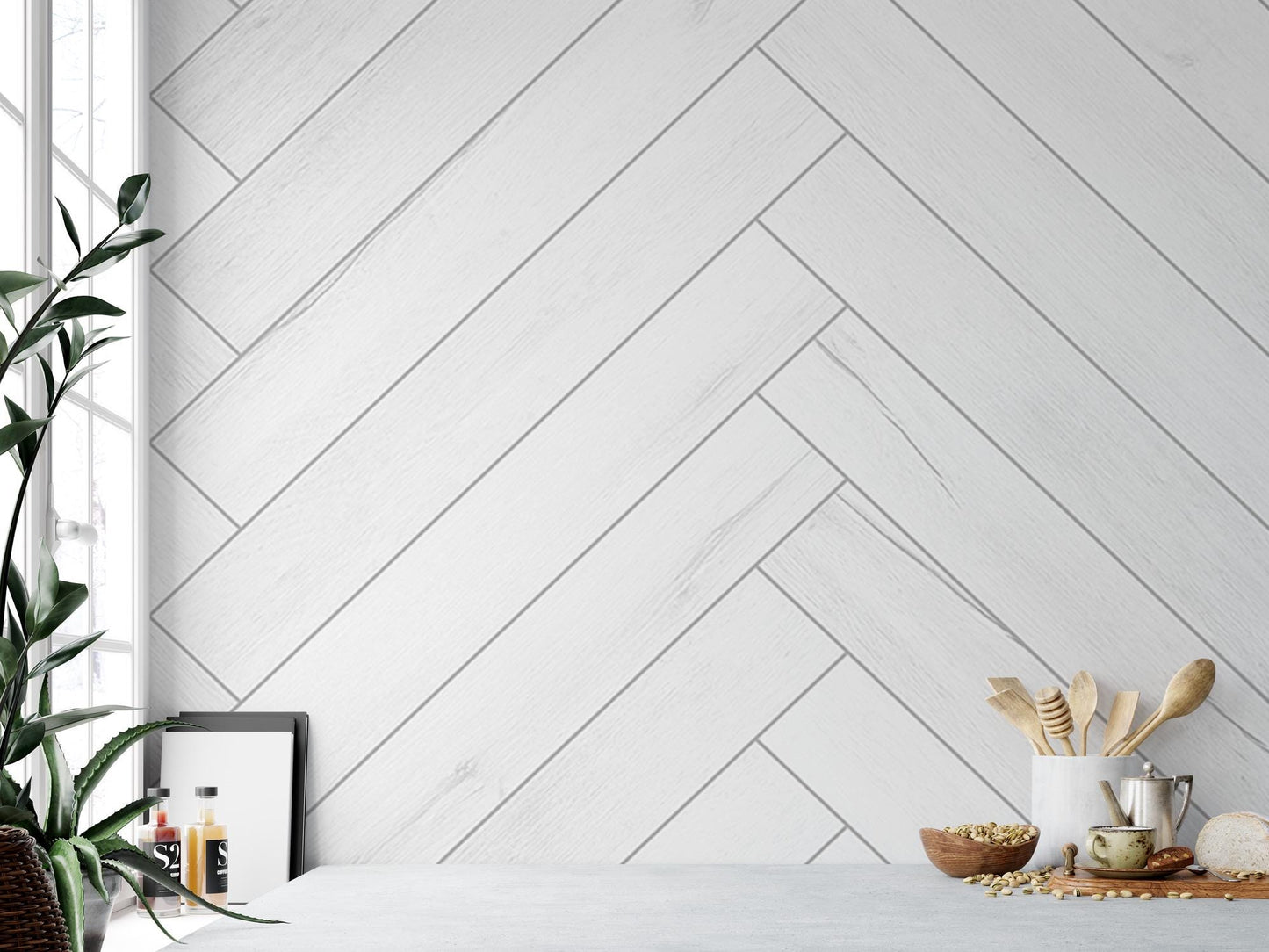 White Wood Herringbone, Shiplap Wallpaper MW1864