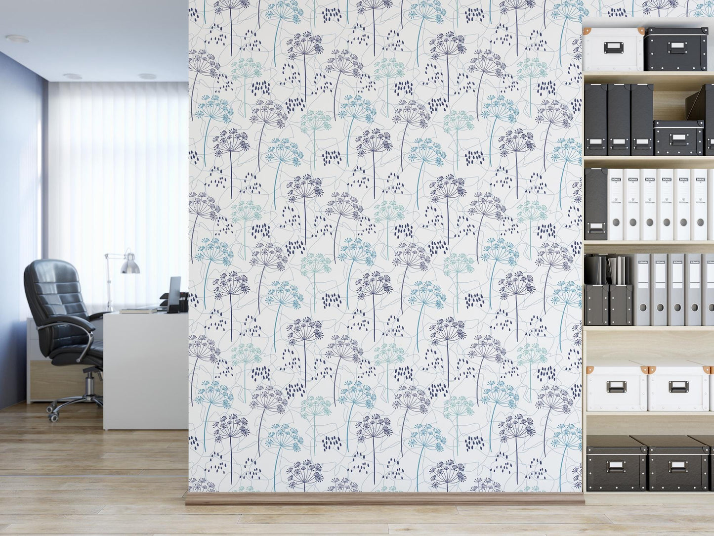a room with a book shelf and a wall with a flower pattern on it