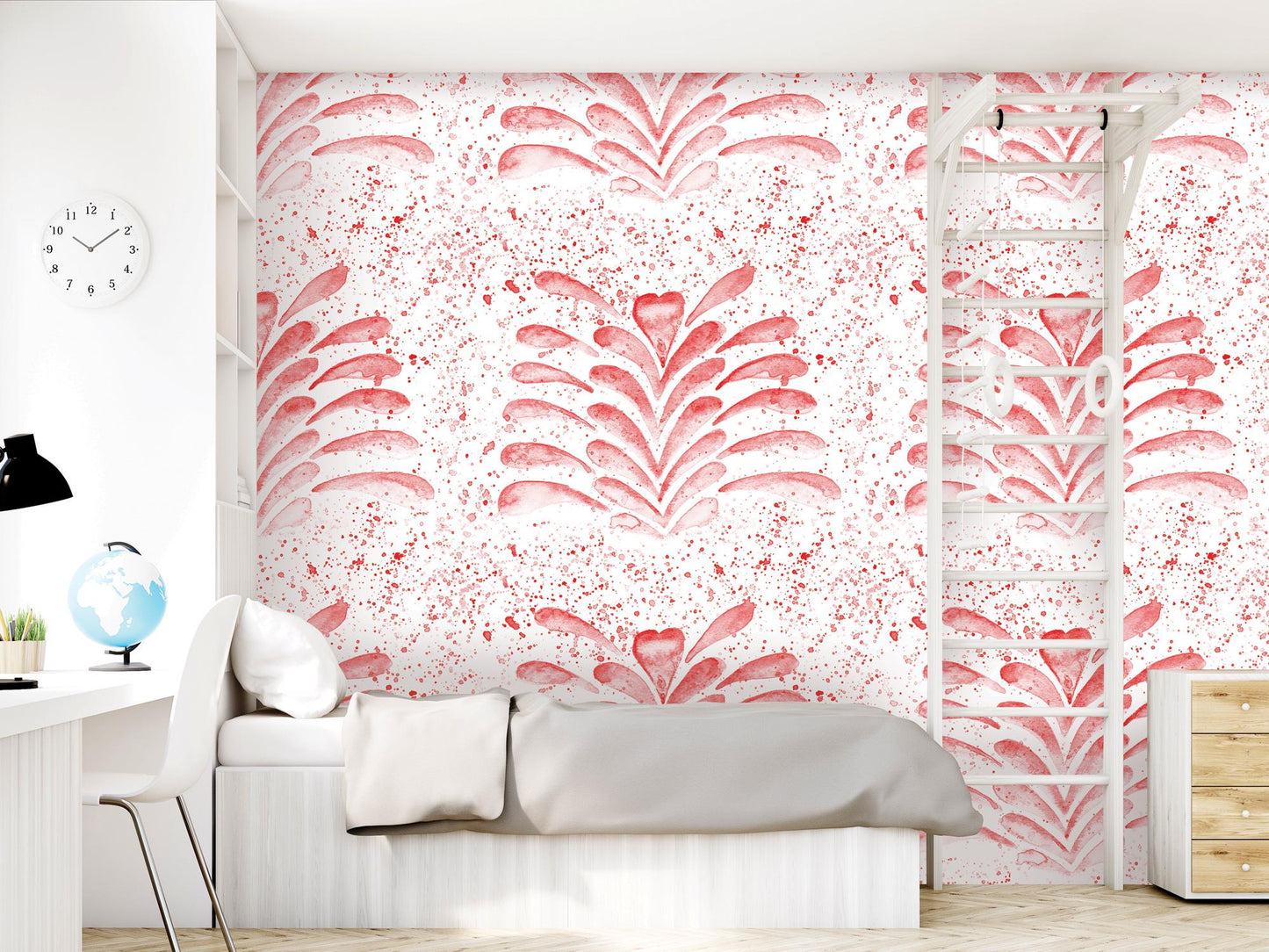 Red Splashy Watercolor Fleur Removable Wallpaper, Wall Art, Peel and Stick Wallpaper, Wall Decor, Accent, Nursery, Teen, Kids Room, MW2103