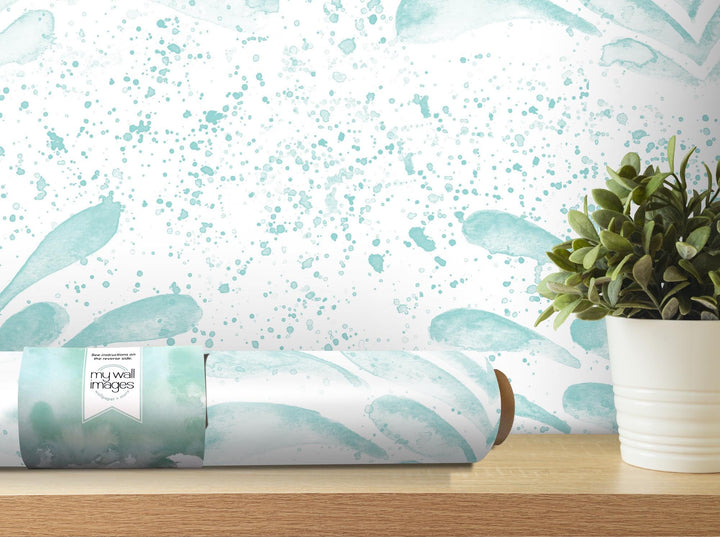 Turquoise Splashy Watercolor Fleur Removable Wallpaper, Wall Art, Peel and Stick Wallpaper, Wall Decor, Nursery, Teen, Kids Room, MW2101