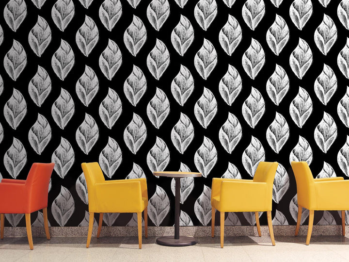White Artsy Charcoal Leaves Removable Wallpaper, Wall Art, Peel and Stick Wallpaper, Wall Decor, Accent Wall, Restaurant Decor, MW2080