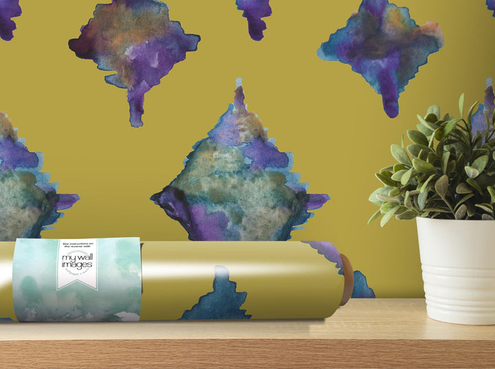 Chartreuse Cool Watercolor Ikat Removable Wallpaper, Wall Art, Peel and Stick Wallpaper, Wall Decor, Accent Wall, Original Wallpaper, MW2129