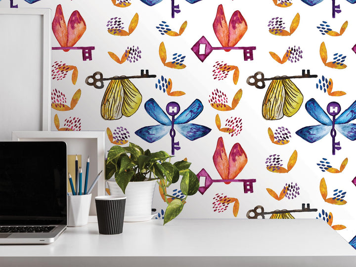 Colorful Potter Flying Keys White Removable Wallpaper, Wall Art, Peel and Stick Wallpaper, Wall Decor, Harry Pottery, Kids Room, Dorm MW2044