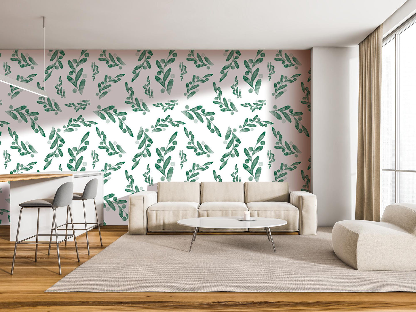 Green Watercolor Dancing Leaves Removable Wallpaper, Wall Art, Peel and Stick Wallpaper, Wall Decor, Accent Wall, Modern Decor, MW2008