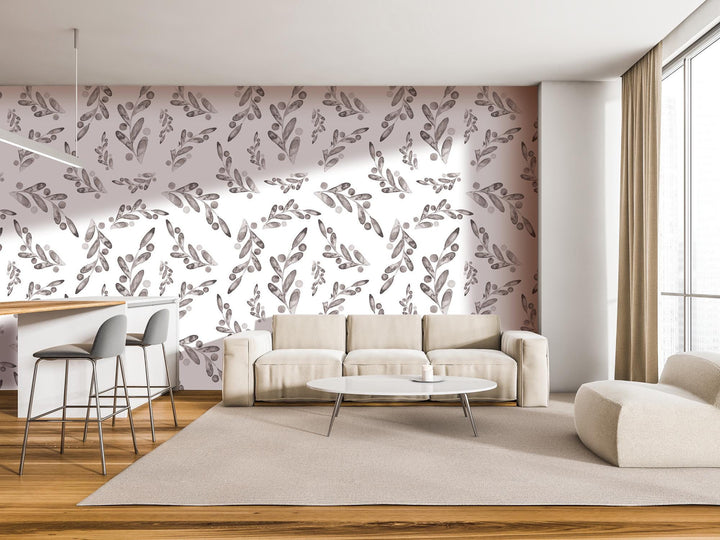 Brown Black Dancing Leaves Berries Removable Wallpaper, Wall Art, Peel and Stick Wallpaper, Wall Decor, Accent Wall, Modern Decor, MW2003