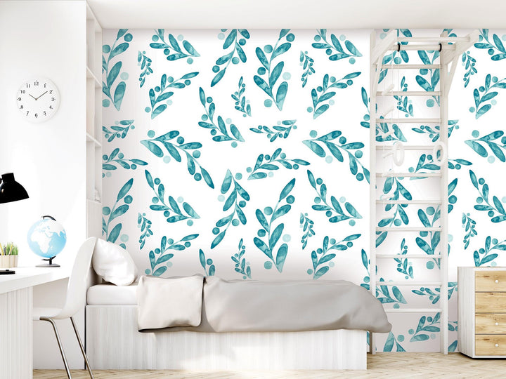Teal Watercolor Dancing Leaves Removable Wallpaper, Wall Art, Peel and Stick Wallpaper, Wall Decor, Accent Wall, Modern Decor, MW2005