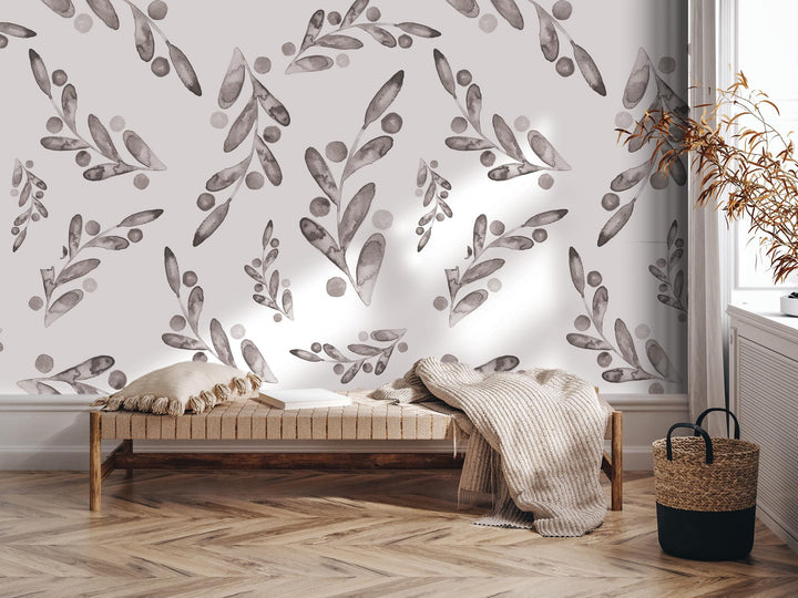 a room with a bench and a wall with a plant on it