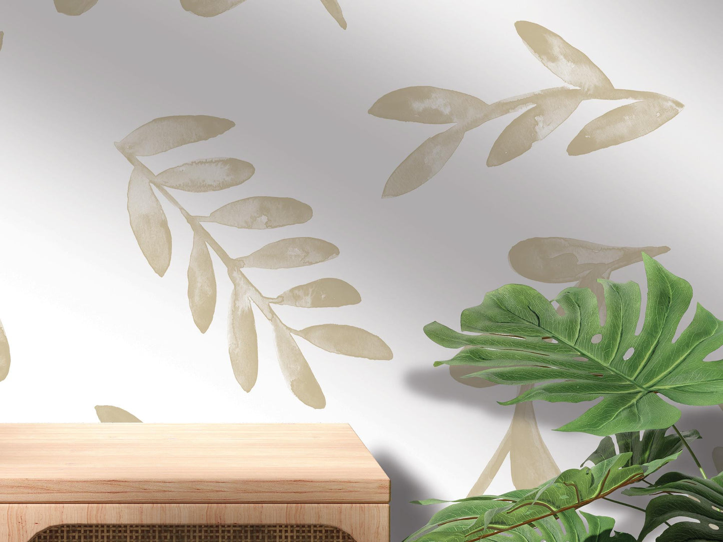 a wooden cabinet sitting next to a wall with a plant on it